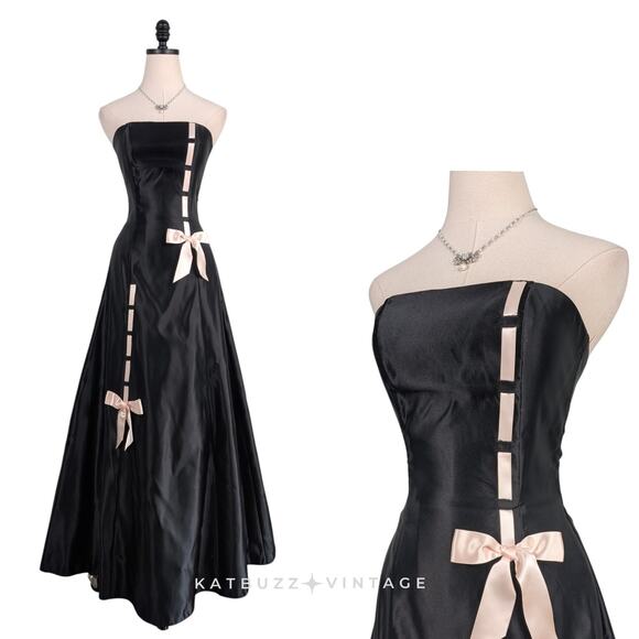 Vintage McClintock Prom Dress Maxi Gown 4 Black Pink 90s Bow Coquette  Princess